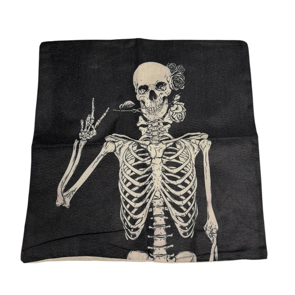 Skeleton Throw‎ Pillow Cover Roses Peace Sign Halloween Decor 17x17